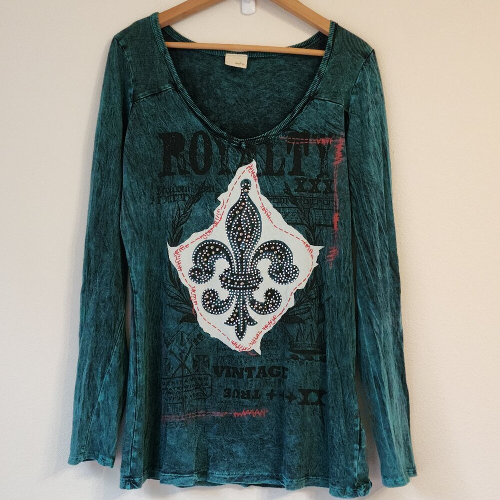 Buckle Daytrip Shirt Women Studded VNeck Long Slv Green Vtg Inspire Retro Y2K